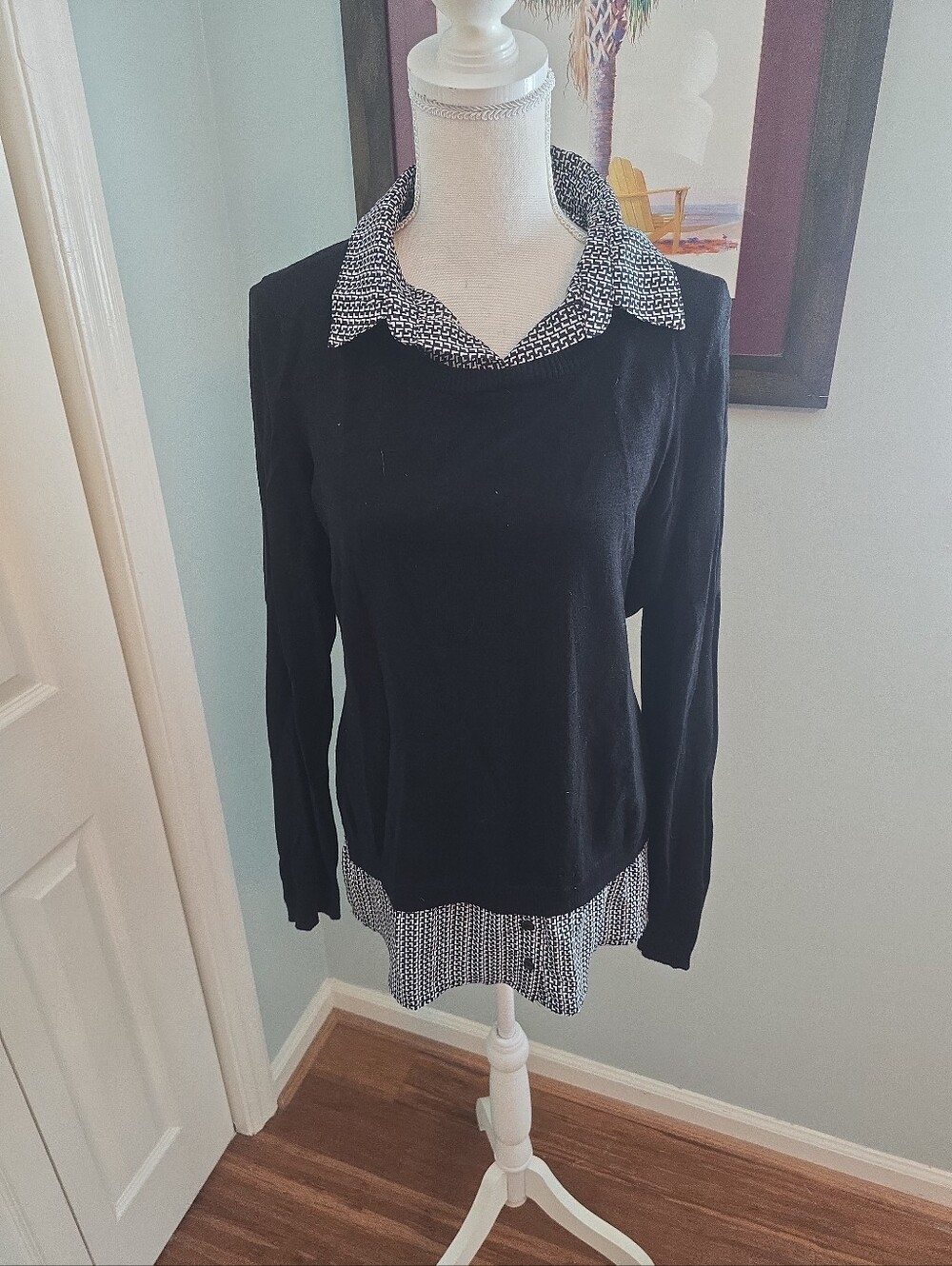 Adrianna Papell Black Lightweight Sweater With Layered Blouse Accents